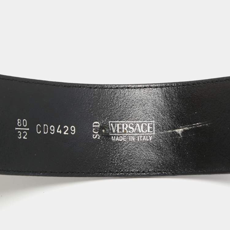 Pre Owned Versace Black Croc Embossed Leather Medusa Wait Buckle Belt 80CM