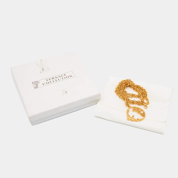 Pre Owned Versace Collection Medusa Gold Tone Long Necklace