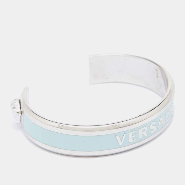 Pre Owned Versace Silver Tone Logo Enamel Medusa Open Cuff Bracelet