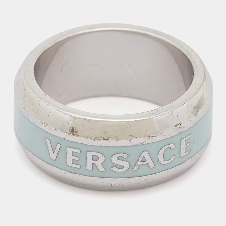 Pre Owned Versace Silver Tone Blue Enamel Medussa Head Band Ring EU 57