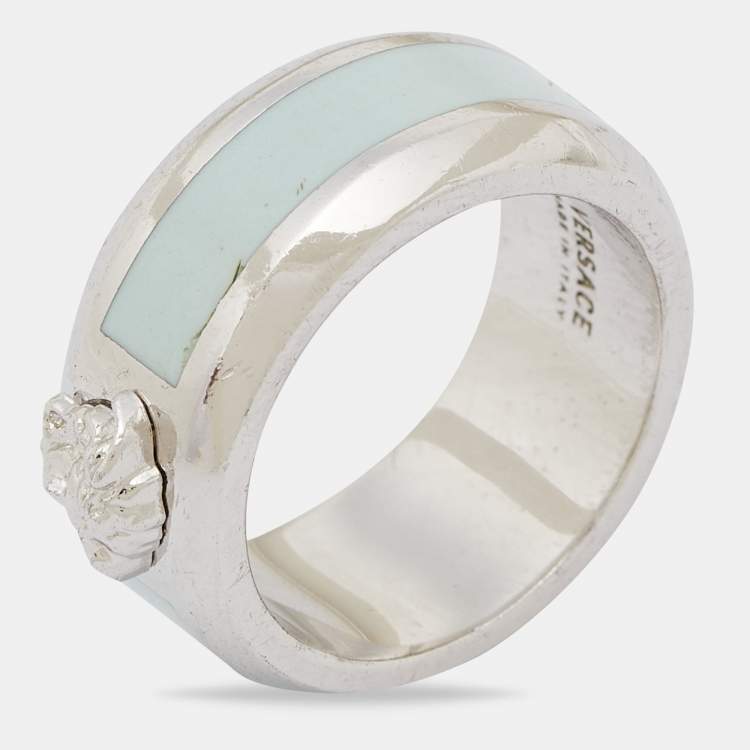 Pre Owned Versace Silver Tone Blue Enamel Medussa Head Band Ring EU 57