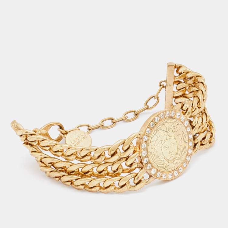 Pre Owned Versace Gold Tone Crystal Detail Multi Chain Bracelet