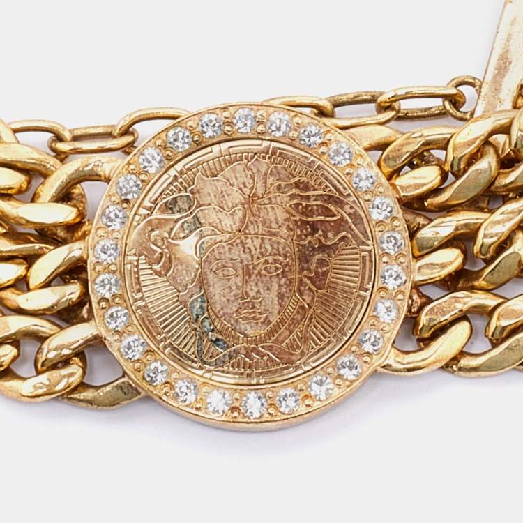 Pre Owned Versace Gold Tone Crystal Detail Multi Chain Bracelet