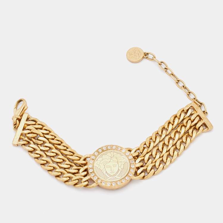 Pre Owned Versace Gold Tone Crystal Detail Multi Chain Bracelet