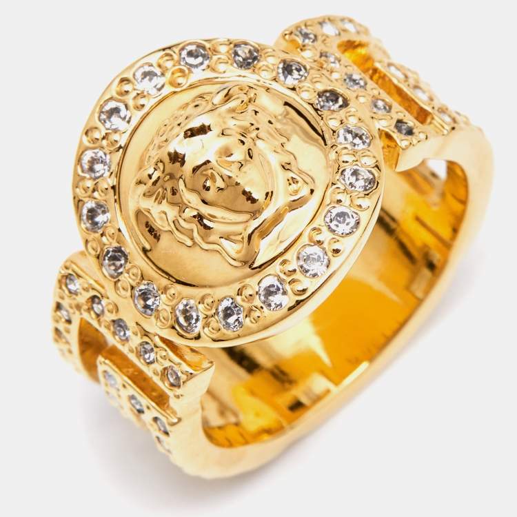 Pre Owned Versace Gold Tone  Crystal Studded Medusa Head Band Ring Size 54