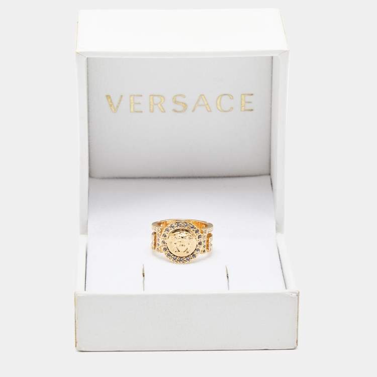 Pre Owned Versace Gold Tone  Crystal Studded Medusa Head Band Ring Size 54