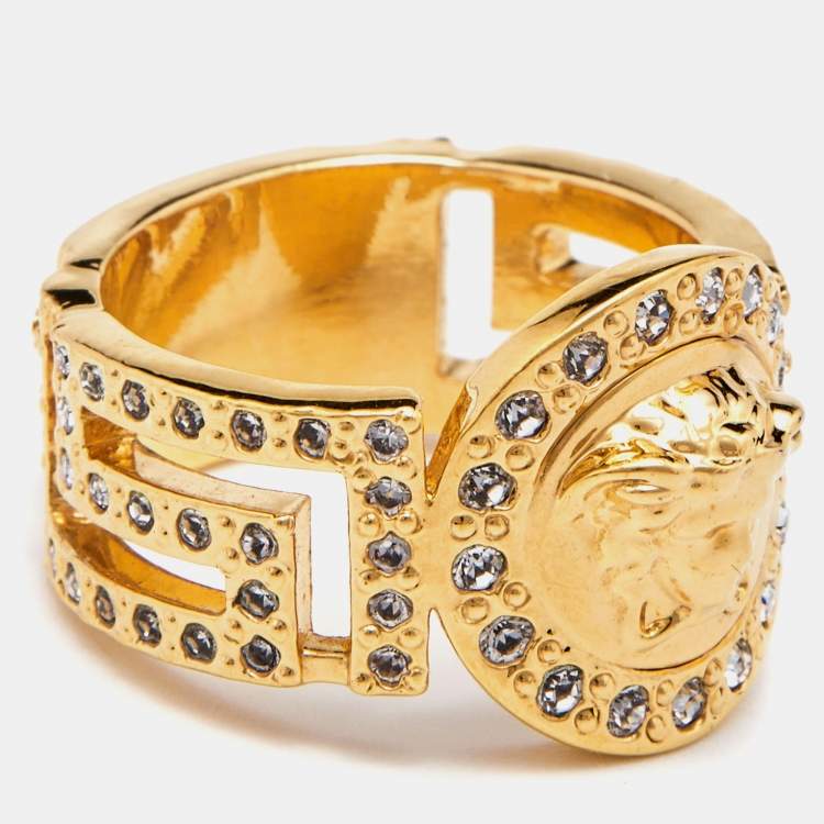 Pre Owned Versace Gold Tone  Crystal Studded Medusa Head Band Ring Size 54