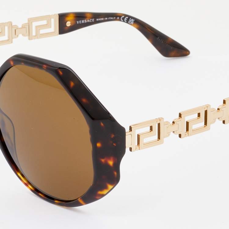 Pre Owned Versace Brown Havana Acetate Gold Tone Metal Greca 4395 Oversized Geometric Sunglasses with Chain