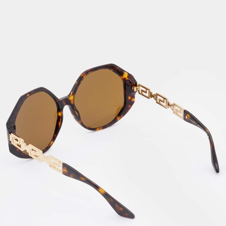 Pre Owned Versace Brown Havana Acetate Gold Tone Metal Greca 4395 Oversized Geometric Sunglasses with Chain