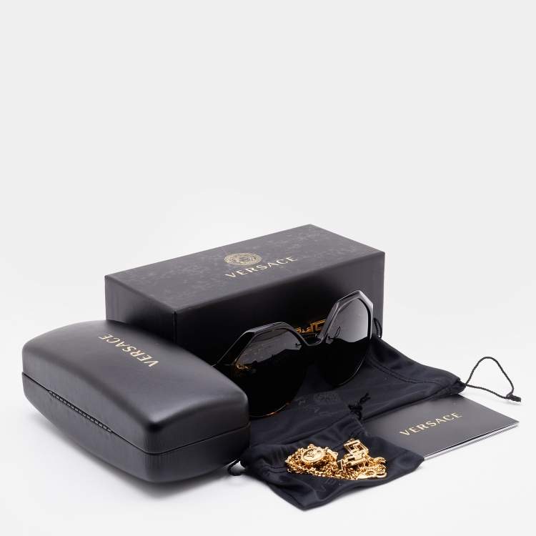 Pre Owned Versace Brown Havana Acetate Gold Tone Metal Greca 4395 Oversized Geometric Sunglasses with Chain