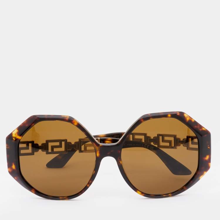 Pre Owned Versace Brown Havana Acetate Gold Tone Metal Greca 4395 Oversized Geometric Sunglasses with Chain