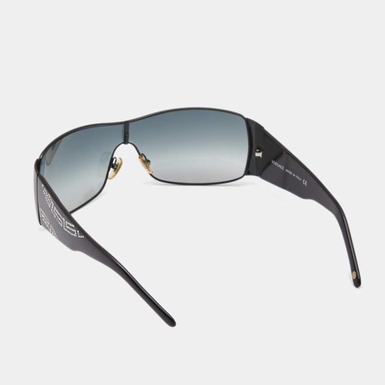Pre Owned Versace Black Crystals Embellished Gradient Shield Sunglasses