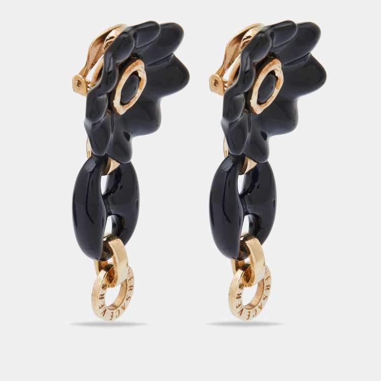 مملوكة مسبقًا Versace Black Floral Resin Gold Tone Dangle Clip On Earrings