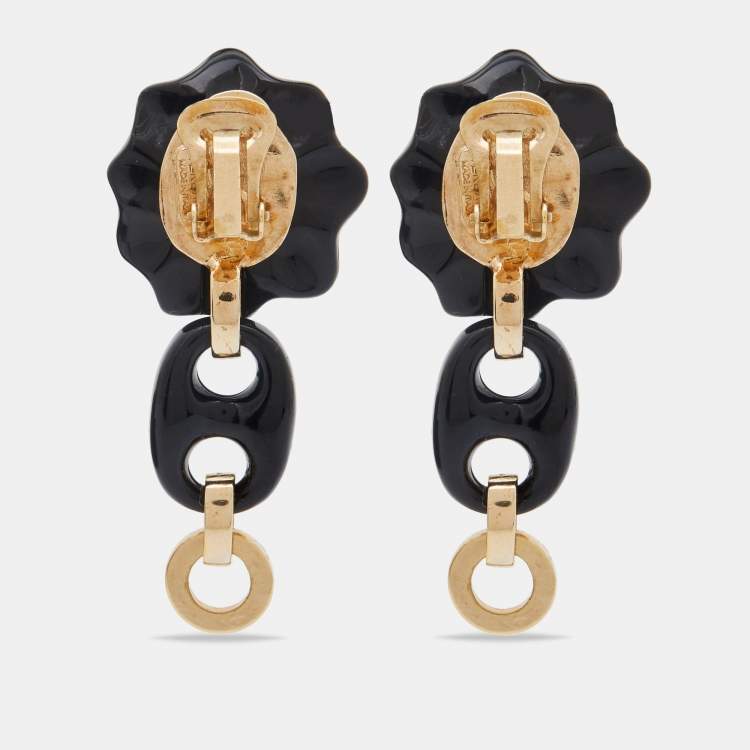 مملوكة مسبقًا Versace Black Floral Resin Gold Tone Dangle Clip On Earrings