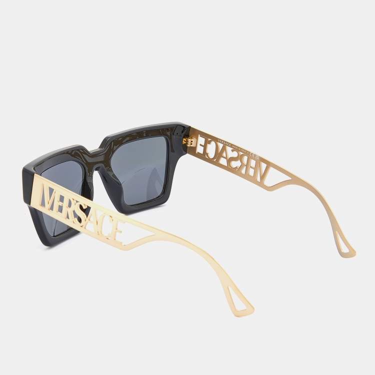 Pre Owned Versace Black/Grey 4431 Logo Metal Temple Detail Square Sunglasses