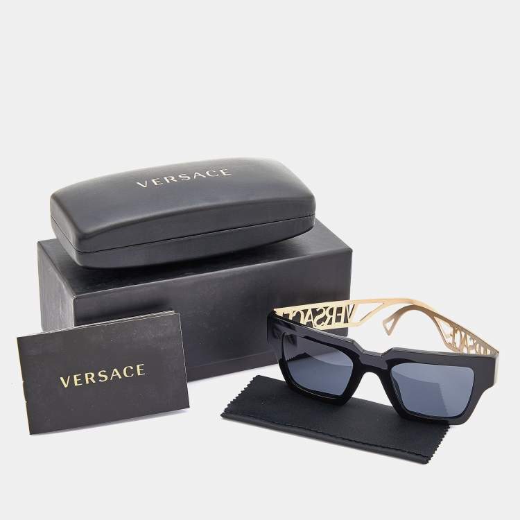 Pre Owned Versace Black/Grey 4431 Logo Metal Temple Detail Square Sunglasses