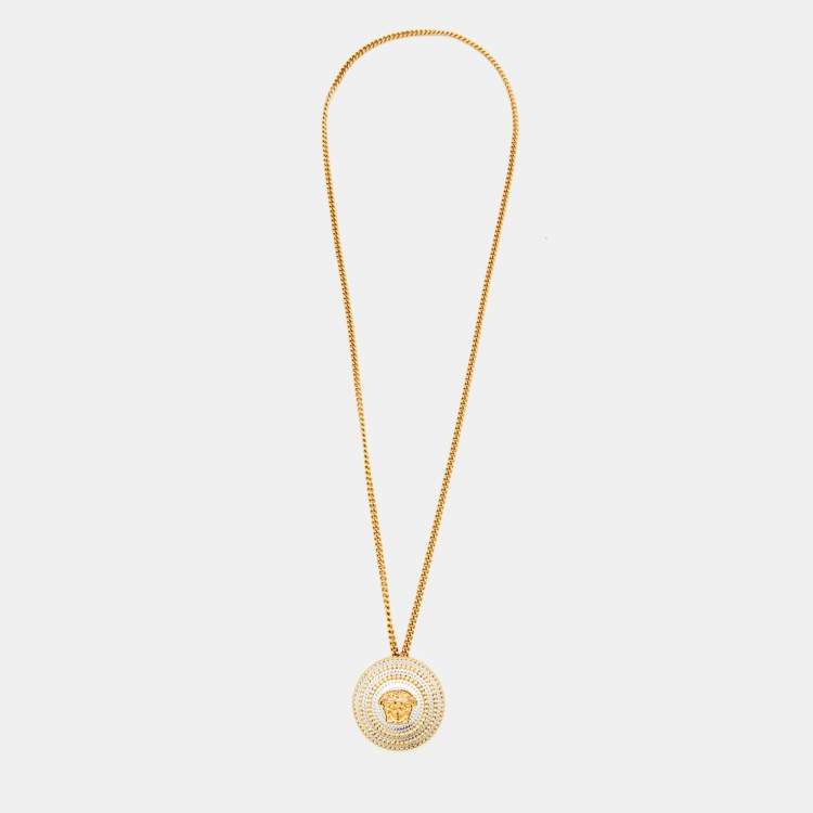 Pre Owned Versace Two Tone Medusa Medallion Pendant Gold Tone Chain Necklace