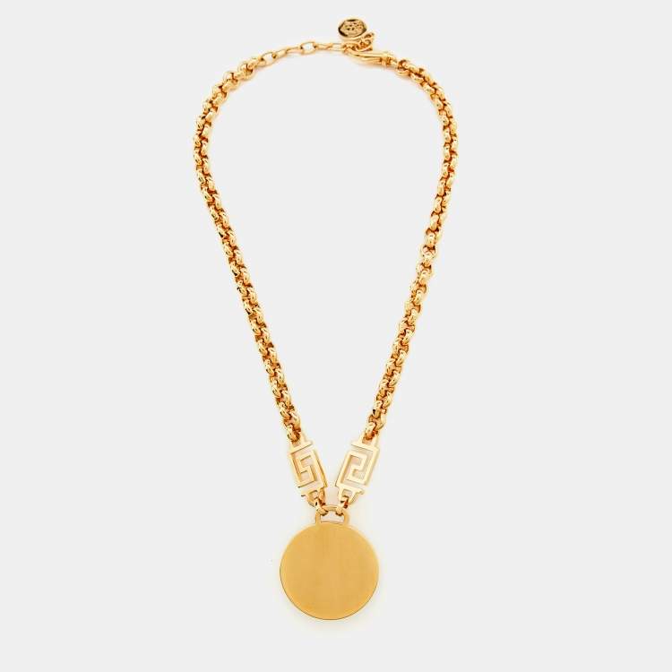 Pre Owned Versace Gold Tone Crystal La Medusa Greca Chain Necklace