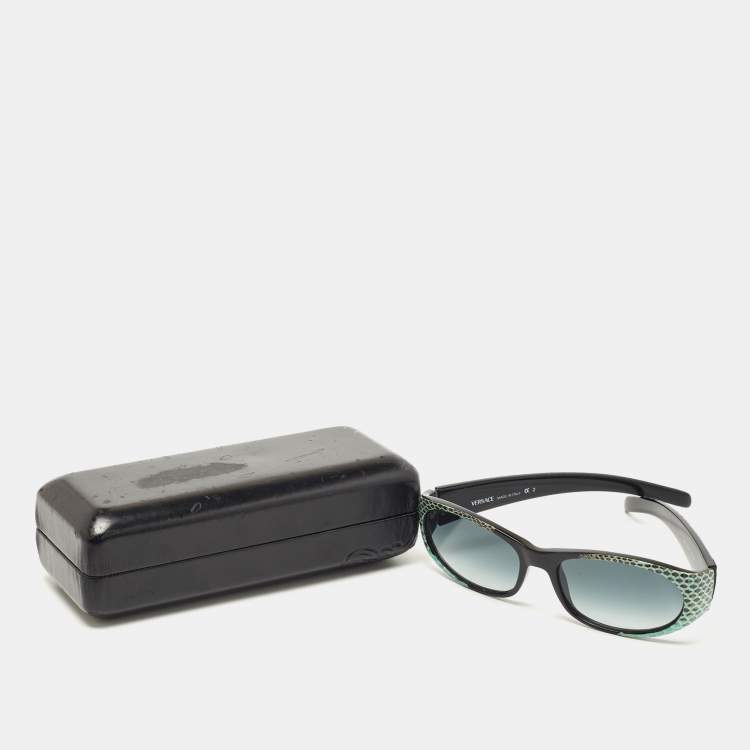 Pre Owned Versace Black/Green Watersnake Leather Rectangular Gradient Sunglasses