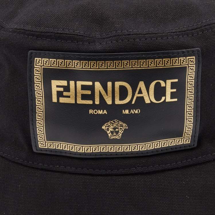 Pre Owned Versace x Fendi Black Logo Patch Detail Cotton Bucket Hat