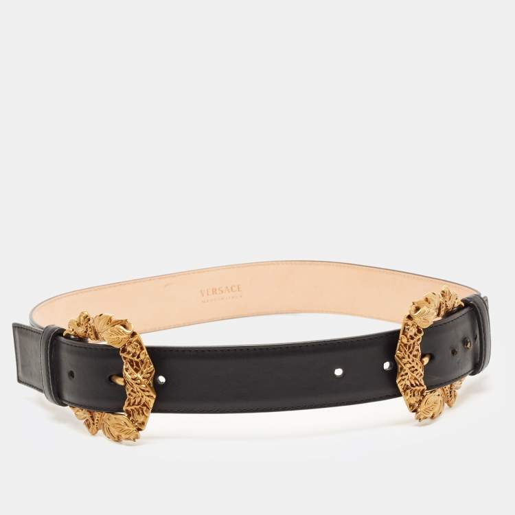 Pre Owned Versace Black Leather Baroque Double Buckle Belt 70CM