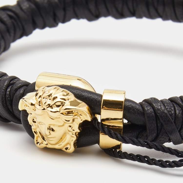Pre Owned Versace Medusa Black Leather Gold Tone Bracelet