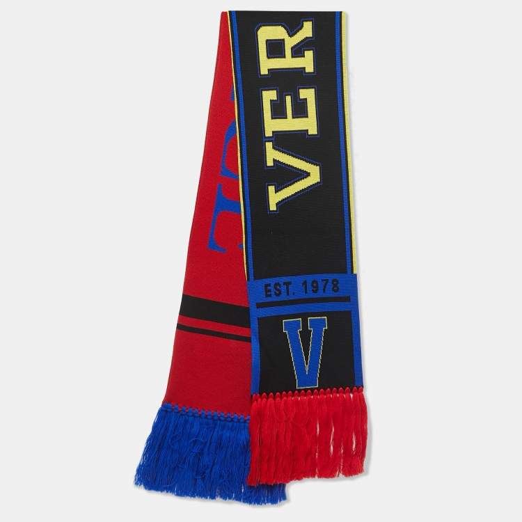 Pre Owned Versace Multicolor Logo Embroidered Wool Knit Fringed Scarf