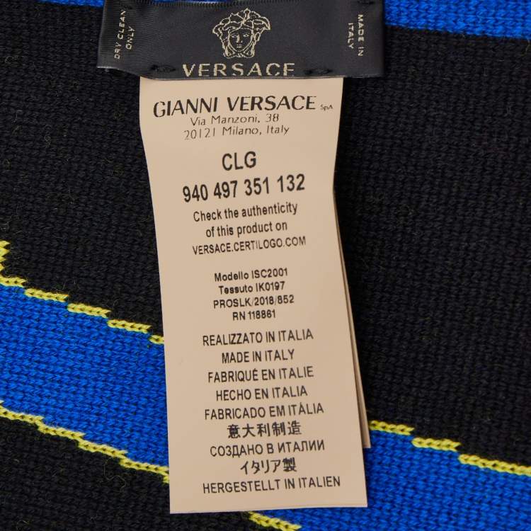 Pre Owned Versace Multicolor Logo Embroidered Wool Knit Fringed Scarf