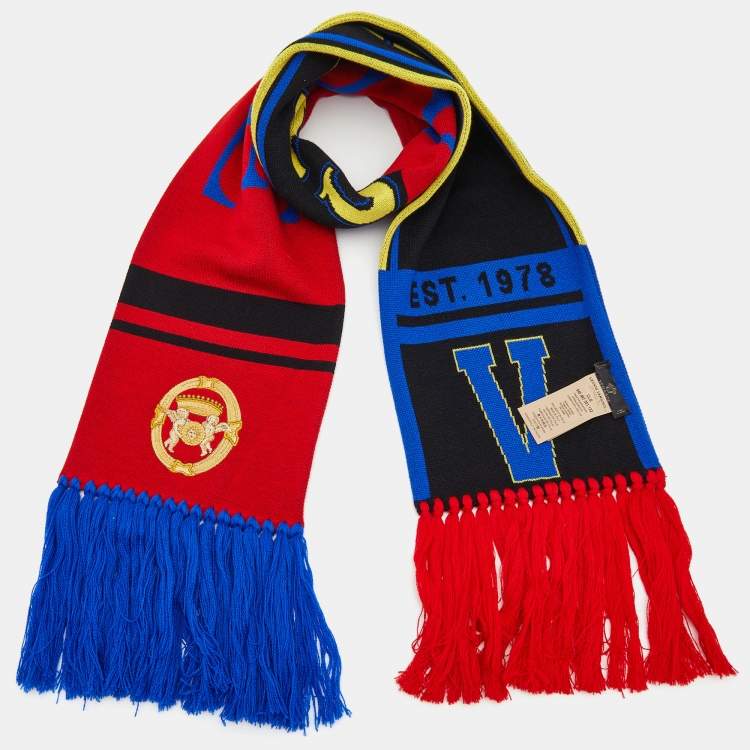 Pre Owned Versace Multicolor Logo Embroidered Wool Knit Fringed Scarf