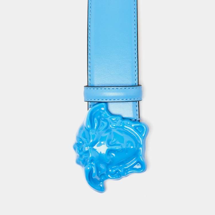 Pre Owned Versace Blue Leather Medusa Buckle Belt 95 CM