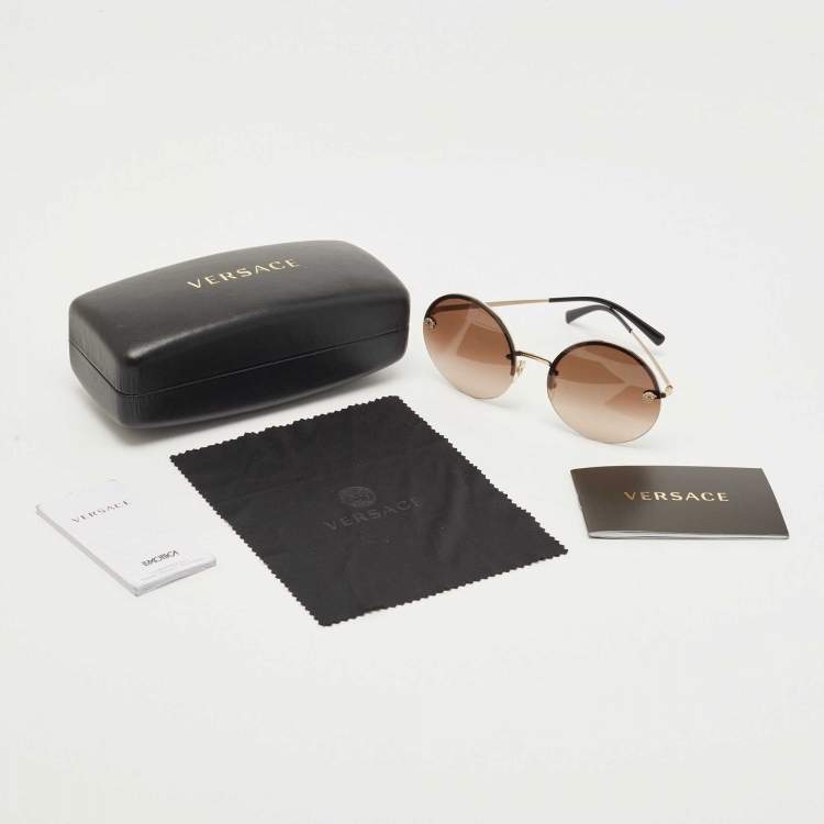 Pre Owned Versace Brown/Gold Gradient 2176 Medusa Rimless Round Sunglasses