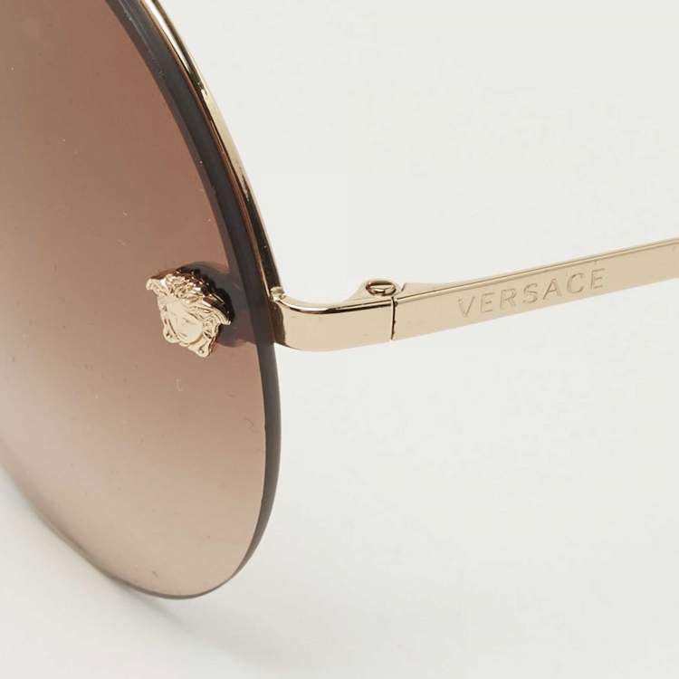 Pre Owned Versace Brown/Gold Gradient 2176 Medusa Rimless Round Sunglasses