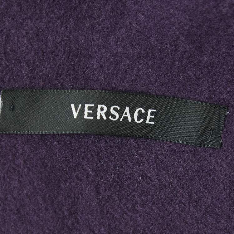 Pre Owned Versace Purple Wool Logo Detail Fringed Stole