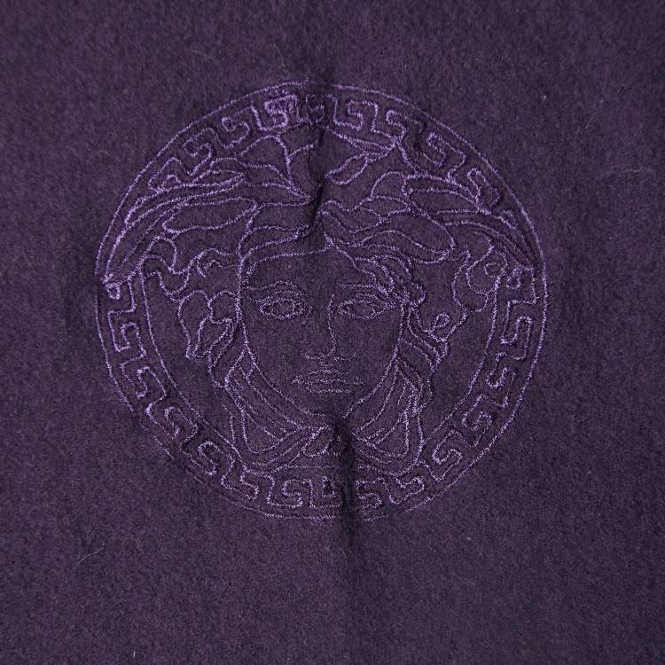 Pre Owned Versace Purple Wool Logo Detail Fringed Stole