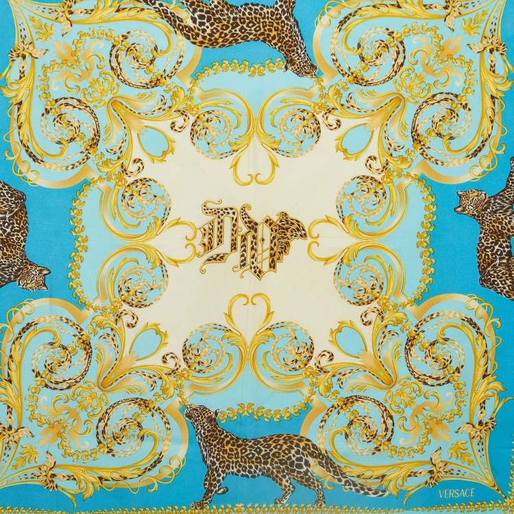 Pre Owned Gianni Versace Blue Baroque Leopard Printed Silk Square Scarf