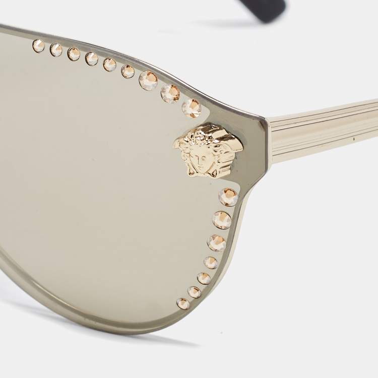 Pre Owned Versace Gold/Black Mirrored MOD 2161-B Medussa Crystals Sunglasses