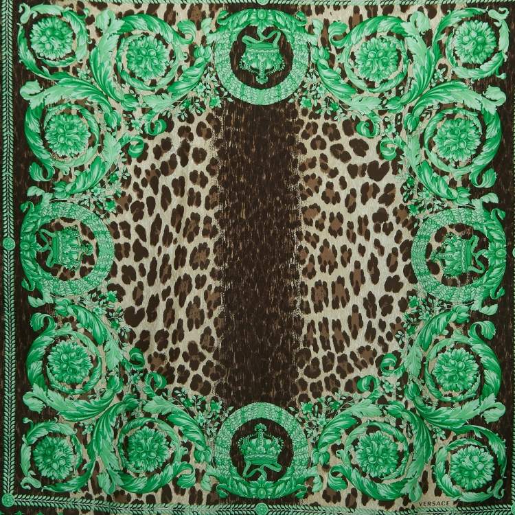 Pre Owned Versace Green Animal & Baroque Print Silk Square Scarf
