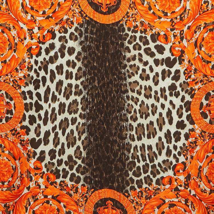 Pre Owned Versace Orange Animal & Baroque Print Silk Scarf