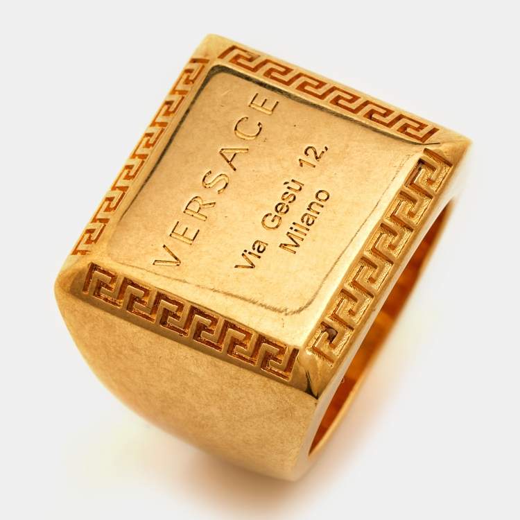 Pre Owned Versace Address Signet Gold Tone Ring Size 57
