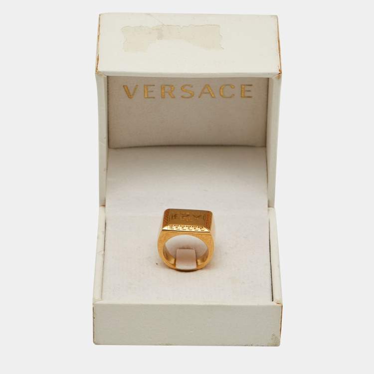 Pre Owned Versace Address Signet Gold Tone Ring Size 57