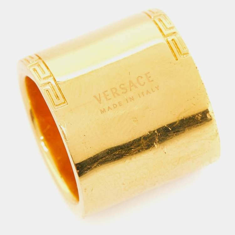 Pre Owned Versace Medusa Greek Key Gold Tone Metal Wide Band Ring Size 54