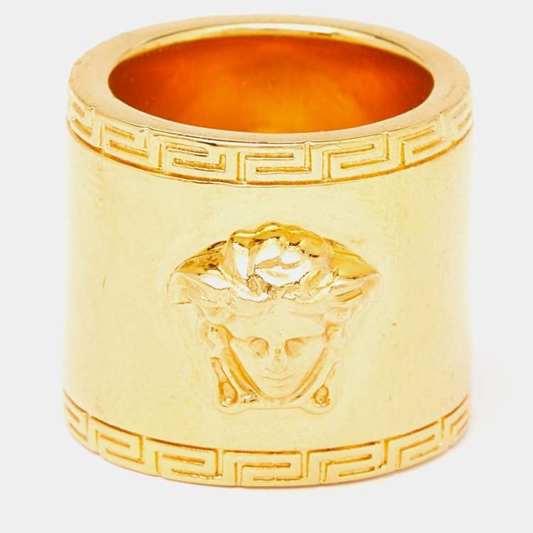 Pre Owned Versace Medusa Greek Key Gold Tone Metal Wide Band Ring Size 54