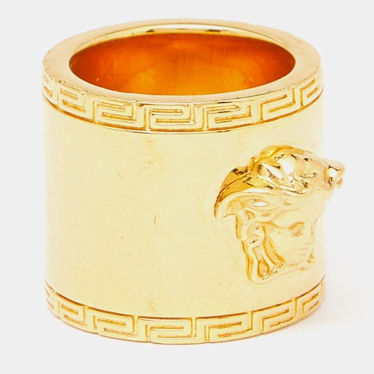 Pre Owned Versace Medusa Greek Key Gold Tone Metal Wide Band Ring Size 54