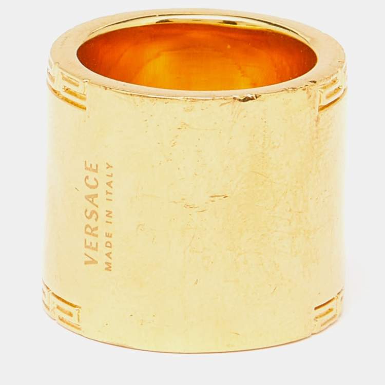 Pre Owned Versace Medusa Greek Key Gold Tone Metal Wide Band Ring Size 54