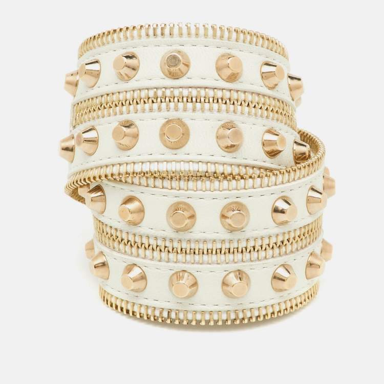 Pre Owned Versace White Leather Studded Double Wrap Wide Bracelet