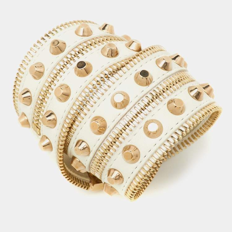 Pre Owned Versace White Leather Studded Double Wrap Wide Bracelet