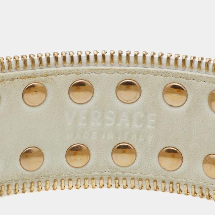 Pre Owned Versace White Leather Studded Double Wrap Wide Bracelet