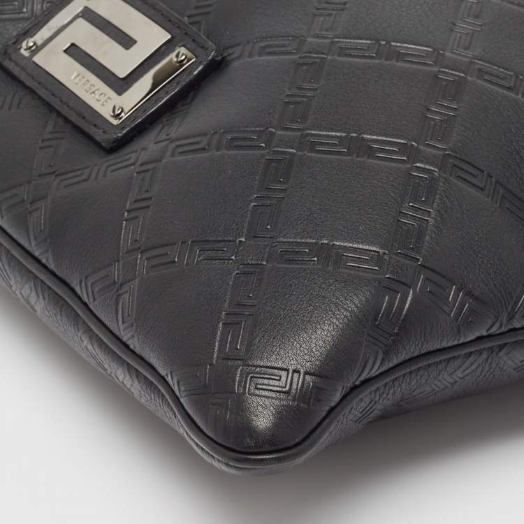 Pre Owned Versace Black Logo Embossed Leather Zip Messenger Bag
