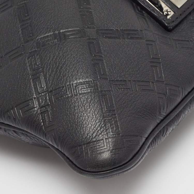 Pre Owned Versace Black Logo Embossed Leather Zip Messenger Bag