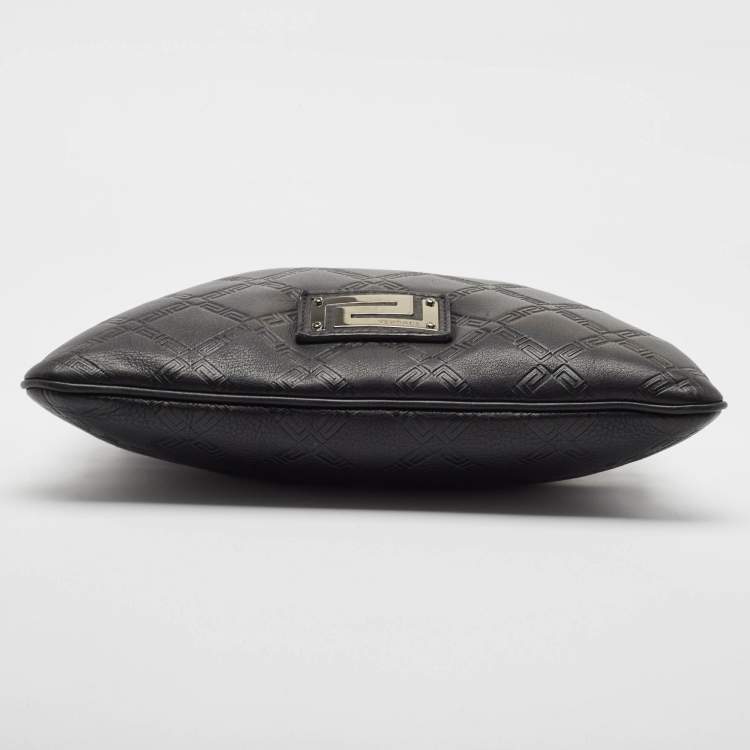 Pre Owned Versace Black Logo Embossed Leather Zip Messenger Bag